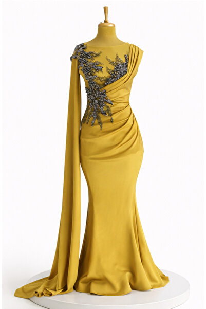 Zeyn KADIN BALIK ACI SARI TAŞ VE KUŞAK DETAYLI UZUN ŞIK DAVET ELBİSESİ