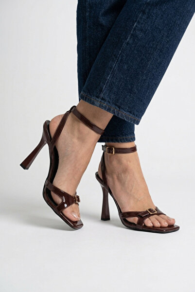 MİNNACE Burgundy Patent Leather Square Toe Open Toe Ankle-Tie 11 cm Thin Heel...