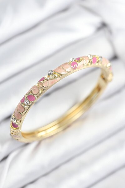 Inure Jewelry Mineli Brass Zircon Stone Pink Flower Motif Gold Women's Handcuffs