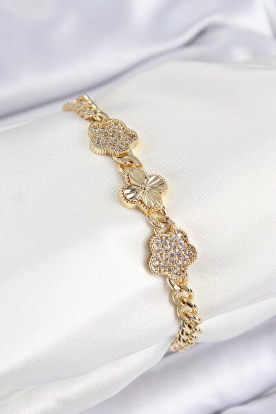 Inure Jewelry سوار نسائي من النحاس والزركون الحجري على شكل برسيم ذهبي اللون