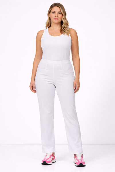 Şans Women's Plus Size White, Stretchy Bengaline Fabric, Elastic Waist Pants ...