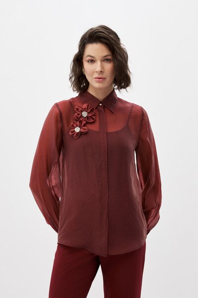 shnwomen Bordo Çiçek Broşlu Gömlek