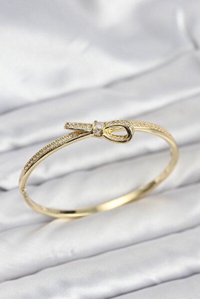 Inure Jewelry Brass Gold Color Zircon Stone Bow Model Women's Handcuff Bracelet