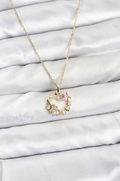 Inure Jewelry سلسلة من الفولاذ 316L باللون الذهبي مع تفاصيل حجر وردي على شكل ...