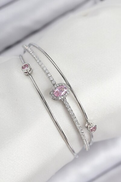 Inure Jewelry سوار نسائي من النحاس مرصع بحجر الزركون موديل باجيت فضي اللون