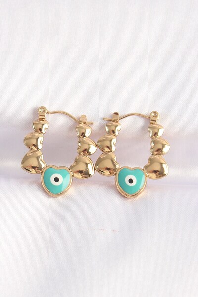 Inure Jewelry 316L Steel Gold Color Blue Evil Eye Heart Model Earrings