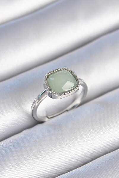 Inure Jewelry خاتم نسائي من المينا المربعة باللون الأخضر باللون الفضي