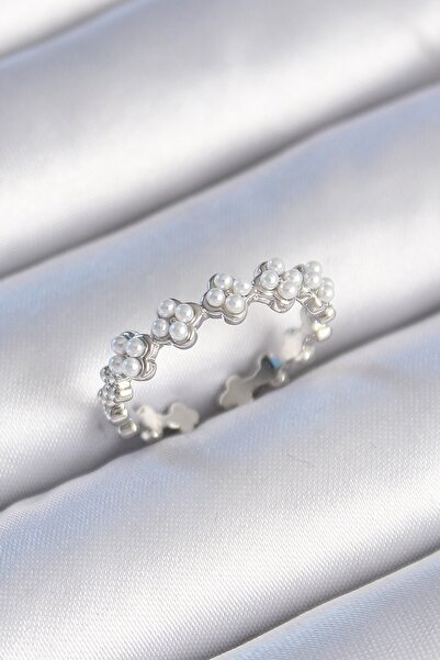 Inure Jewelry خاتم نسائي نحاسي فضي اللون لؤلؤي نموذج البرسيم