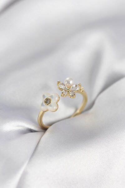 Inure Jewelry خاتم نسائي موديل زهرة لؤلؤية ذهبية اللون