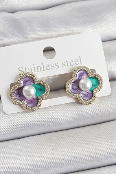 Inure Jewelry أقراط نسائية من النحاس الأرجواني المينا واللؤلؤ وحجر الزركون وص...