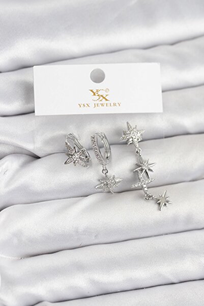 Inure Jewelry طقم أقراط نجمة القطب من النحاس الفضي مع حجر الزركون موديل YSX Trio