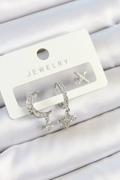 Inure Jewelry Brass Zircon Stone Flower and Moon Model Silver Color 3-Piece D...