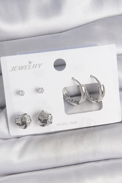 Inure Jewelry Brass Silver Color Zircon Stone Ring Model 3 Pair Women's Earri...