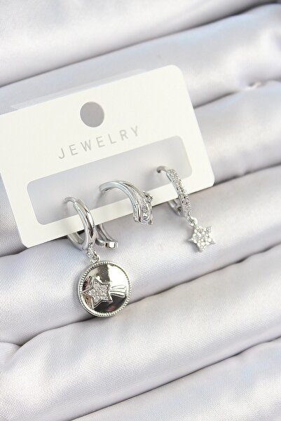 Inure Jewelry Brass Zircon Stone Dangle Star Model Silver Color 3-Piece Doubl...