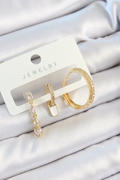 Inure Jewelry Brass Zircon Stone Dangle Model Gold Color 3-Piece Double Women...