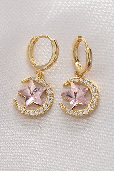 Inure Jewelry Brass Gold Color Pink Zircon Stone Star Detail Moon Earrings