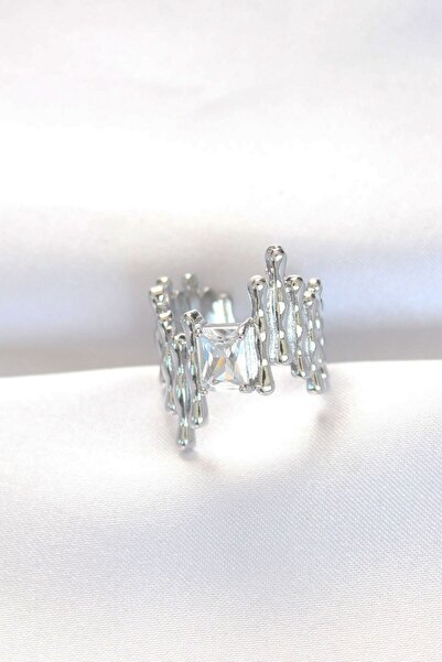 Inure Jewelry خاتم قابل للتعديل بتصميم حجري سميك مسنن باللون الفضي