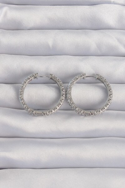 Inure Jewelry Brass Silver Color Zircon Stone Motif Hoop Earrings