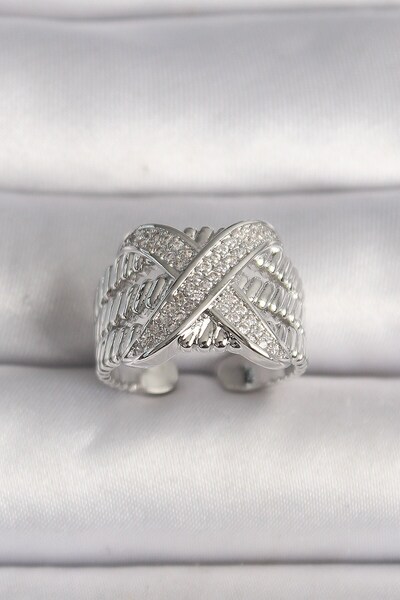 Inure Jewelry النحاس الفضة اللون قابل للتعديل الزركون حجر X نموذج خاتم المرأة