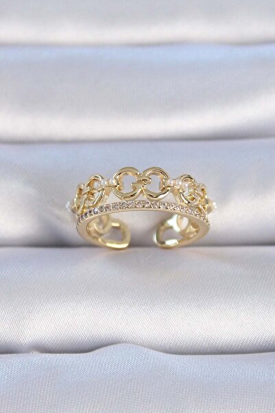 Inure Jewelry خاتم نسائي من النحاس الذهبي اللون مرصع بالزركون واللؤلؤ