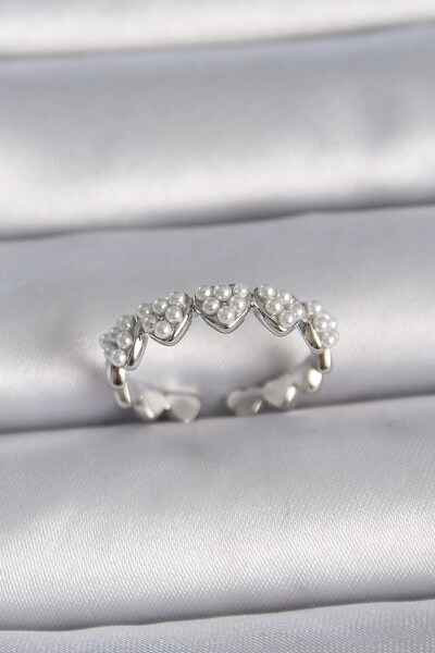 Inure Jewelry خاتم نسائي على شكل قلب من النحاس الفضي اللون قابل للتعديل مع لؤلؤ