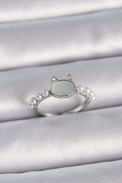 Inure Jewelry خاتم نسائي من النحاس الفضي قابل للتعديل بطلاء أبيض على شكل قطة ...