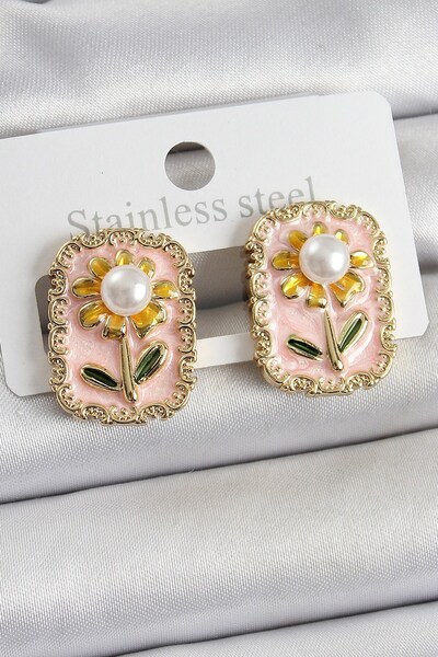Inure Jewelry Brass Pink Enamel Daisy Figured Artistic Portrait Model Gold Co...