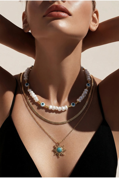 TRIAXISMOB Layered necklace set with pearls, gold chain and sun pendant with ...