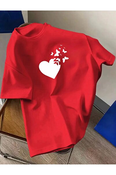 FUFLUNS تي شيرت برقبة دائرية كبير الحجم للجنسين مطبوع عليه فراشات وقلوب للنسا...