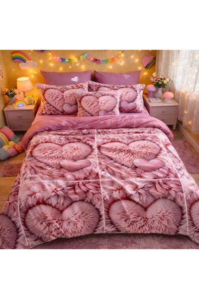 CumparaMisim Double bed linen, Finet, 6 pieces, Pink, fluffy hearts