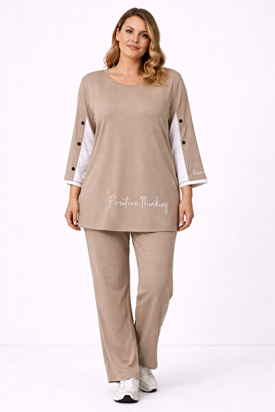 Şans Women's Plus Size Beige, Sleeve Detail , Crew Neck Top, Pocketed High Wa...