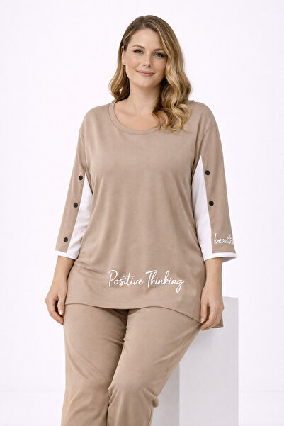 Şans Women's Plus Size Beige, Sleeve Detail , Crew Neck Top, Pocketed High Wa...