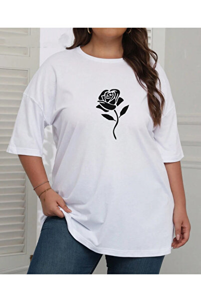 SUNFREE Rose Flower Printed Large Size Cotton Oversize Women's Tshirt