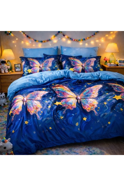 CumparaMisim Double bed linen, Finet, 6 pieces, Blue, butterflies