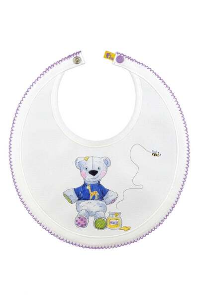 PETIT-ATELlER Round Baby Bib Teddy Bear Watercolor Illustration White Yellow ...