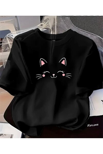 FUFLUNS ΜΠΛΟΥΖΑΚΙ UNISEX ΜΕ ΣΤΑΜΠΑ ΠΡΟΣΩΠΟΥ ΓΑΤΑΣ, OVERSIZE, ΜΕ ΛΑΜΒΑΝΟΜΕΝΟ Λ...