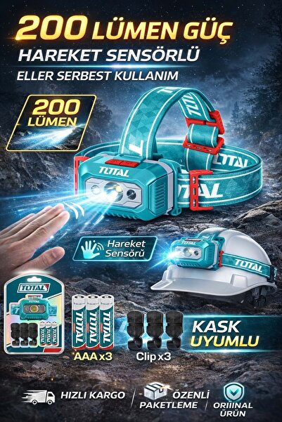 TOTAL 200 Lümen Sensörlü Kafa Lambası | LED Kafa Feneri | AAA Pilli | Kask Uy...