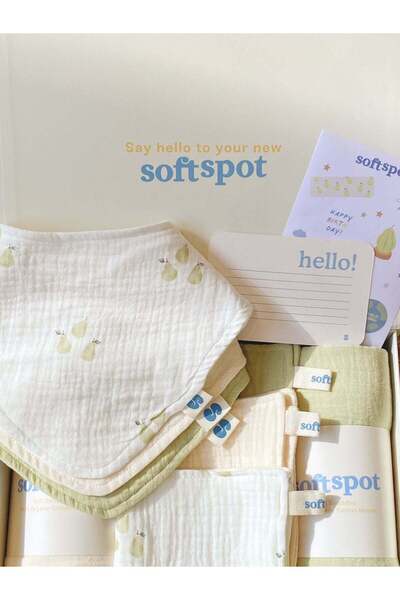 PETIT-ATELlER Soft Muslin Bandana Bib Triple Pack Pear Fruit Print White Sage...