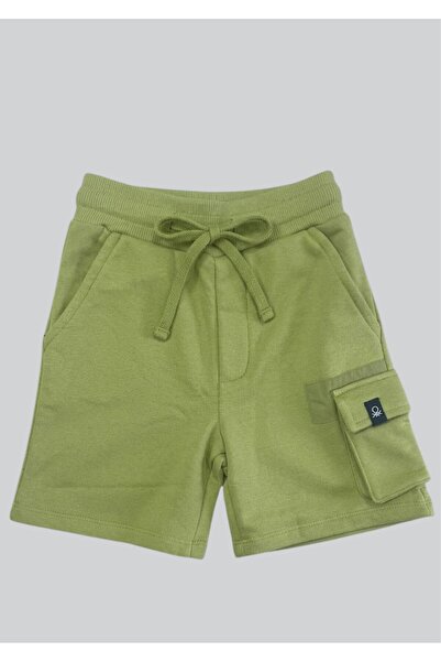 Benetton Logo Embroidered Boys' Green Cargo Pocket Shorts