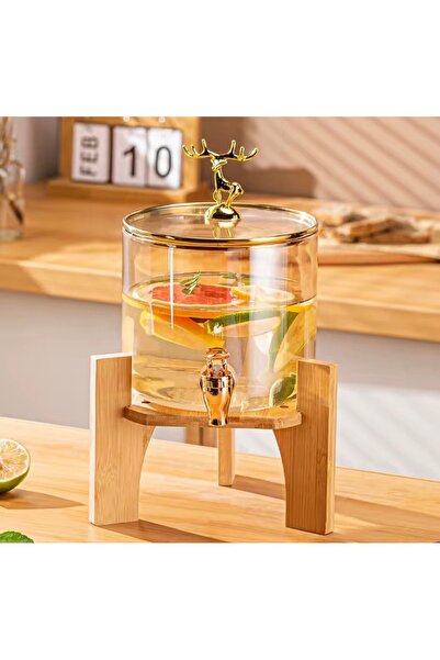 sahane & bazaar Bal Ve Füme Cam Şerbetlik Meşrubatlık Musluklu ve Ahşap Stand...