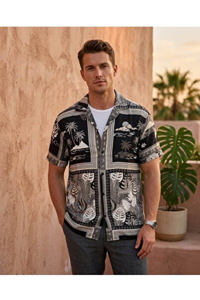 CANMODA Men's Black and White Ethnic Patterned Oversized Cuban Collar Shirt –...