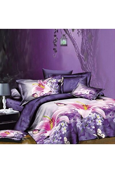 CumparaMisim Lenjerie pat dublu, cearsaf clasic, imprimeu 3D, Mov, fluturi, f...