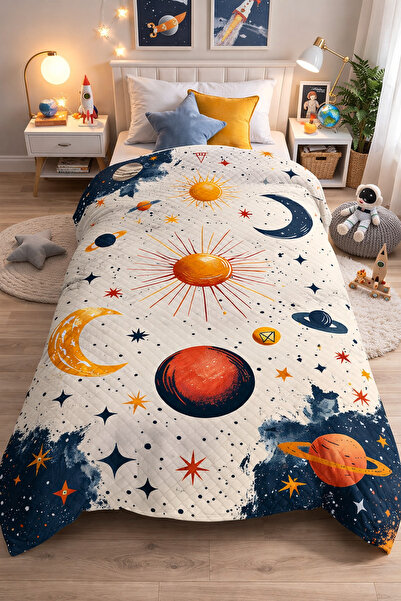HOMESSA Planet Space Single Pique Bedspread Set Children's Room Piqué Bedspread