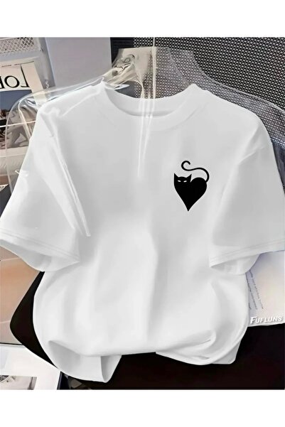 FUFLUNS Heart Cat Printed Unisex Women/Men Oversize Crewneck T-Shirt