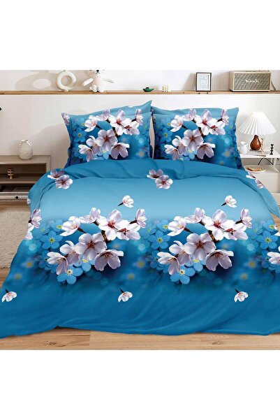 CumparaMisim Double bed linen, classic sheet, 3D print, Blue, cherry blossoms