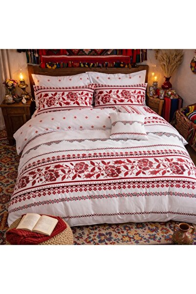 CumparaMisim Double bed linen with Stretchy, Finet, 6 pieces, White-Red, trad...