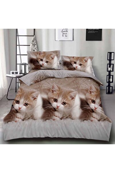 CumparaMisim Lenjerie pat dublu, cearsaf clasic, imprimeu 3D, Bej, pisicute