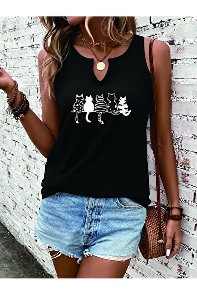 mercoledi تي شيرت نسائي كات مطبوع بفتحة رقبة على شكل حرف V بدون أكمام وقصة عا...