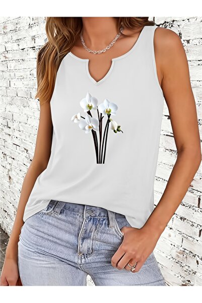 Deocept تي شيرت نسائي مزين بالزهور مطبوع بفتحة رقبة على شكل حرف V بدون أكمام ...