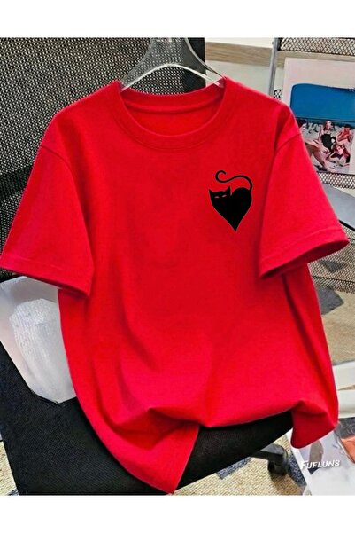 FUFLUNS Heart Cat Printed Unisex Women/Men Oversize Crewneck T-Shirt